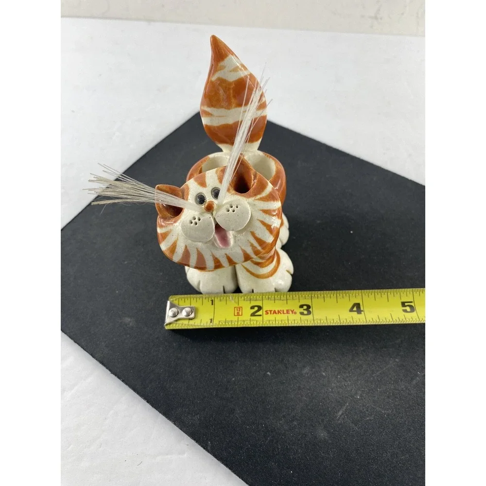 Vtg Striped Cat Pencil Holder Ceramic Handmade Gift Signed Anatomically Correct